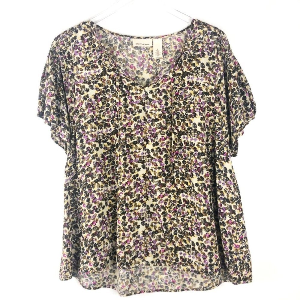DKNY Jeans Blouse Women's Medium Floral Print Flowy Tie-Front Top Cottagecore